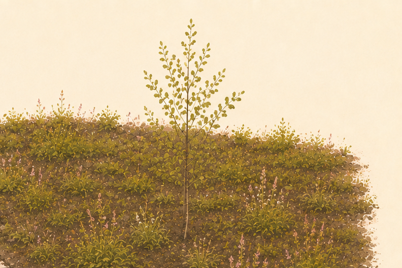 © NEOS/KI Eine begrünte Fläche mit einem jungen Baum, anstatt Pflastersteinen.