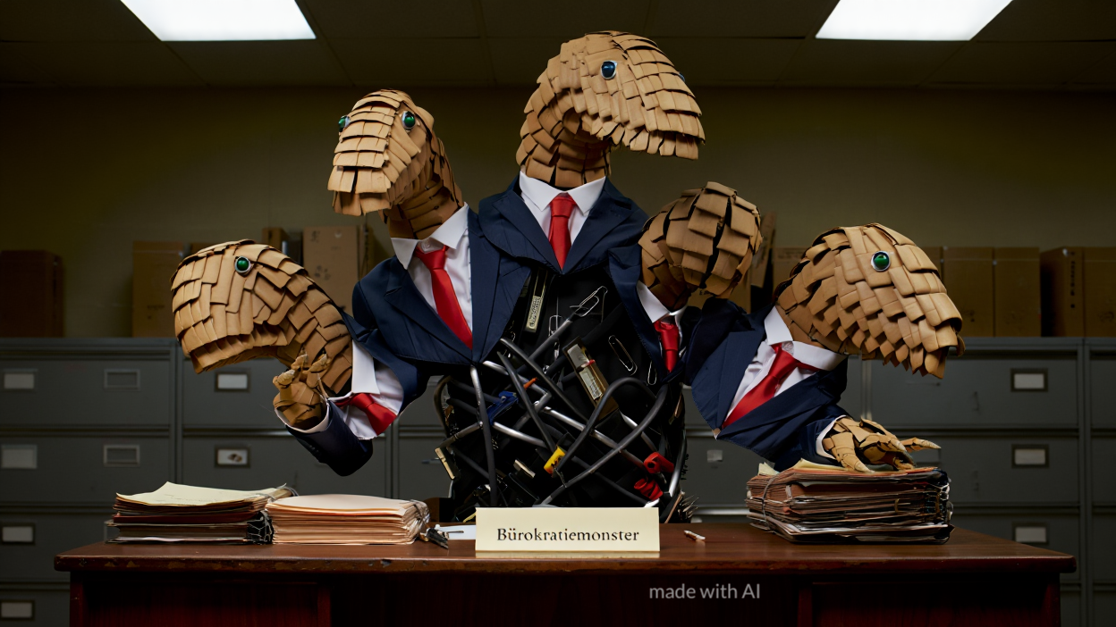 © made with reve.art Ein mythologisches Hydra-ähnliches Wesen aus Büroartikeln und Business-Kleidung sitzt hinter einem großen Mahagonischreibtisch in einem düsteren Regierungsbüro. Die Kreatur hat sieben Köpfe, alle in dunkelblauen Anzügen mit roten Krawatten, und Hälse bedeckt mit Aktenordner-Schuppen. Ihr Körper besteht aus ineinander verschlungenen schwarzen Akten, Büroklammern und Heftgeräten. Auf dem Schreibtisch steht ein Messingschild mit der Aufschrift „Bürokratiemonster“, umgeben von Aktenstapeln. Im Hintergrund: Metallaktenschränke und grelles Neonlicht, das harte Schatten wirft.