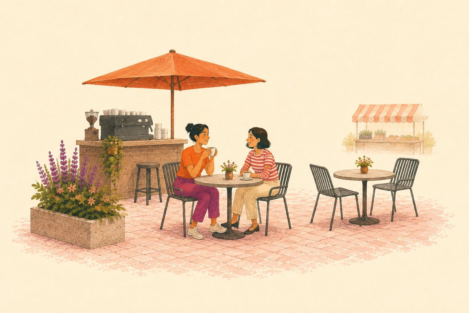 Zwei Frauen sitzen im begrünten Cafébereich des Hannovermarkts in Wien.