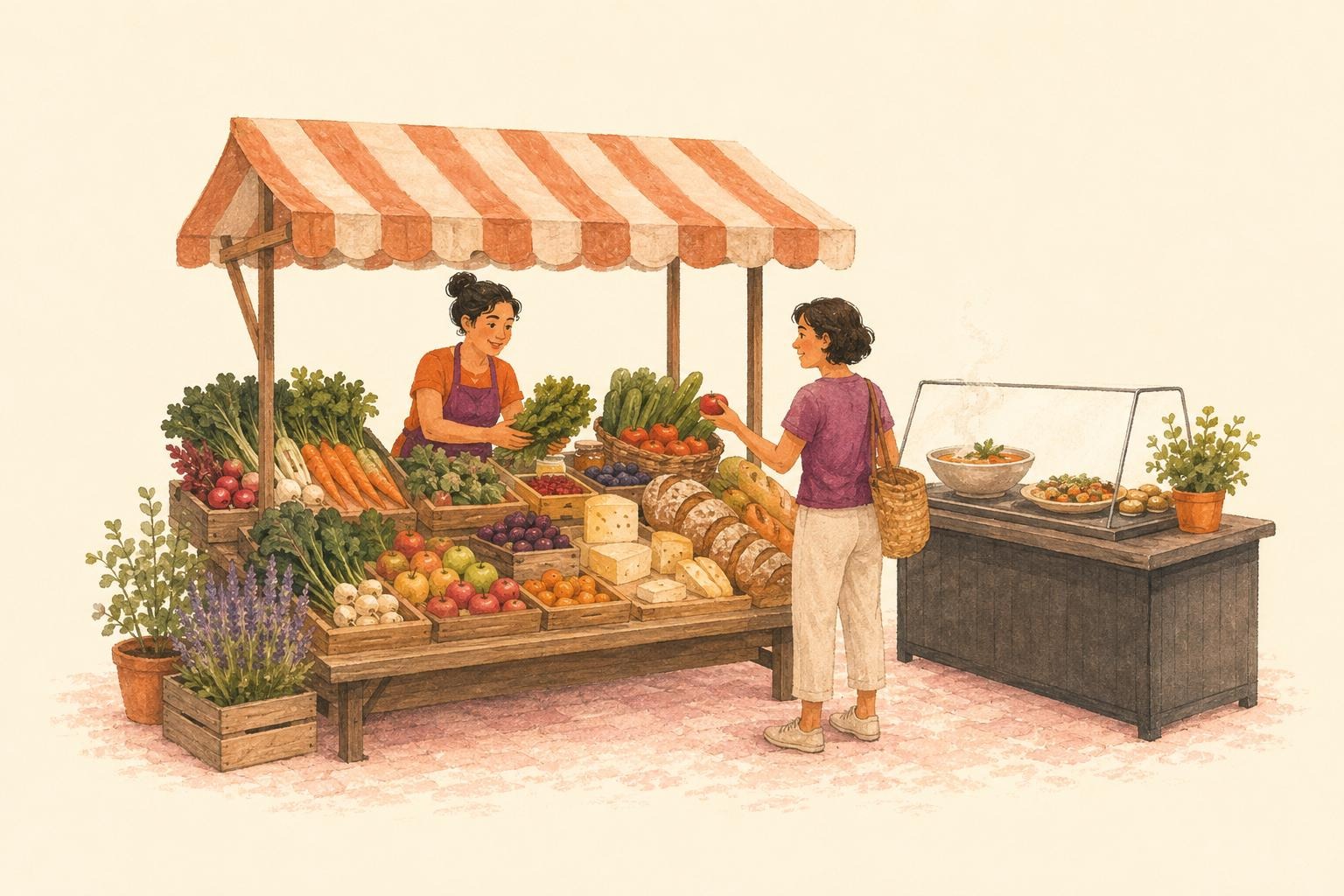Kundin kauft frische Lebensmittel an einem Marktstand mit Gastronomie am Hannovermarkt.