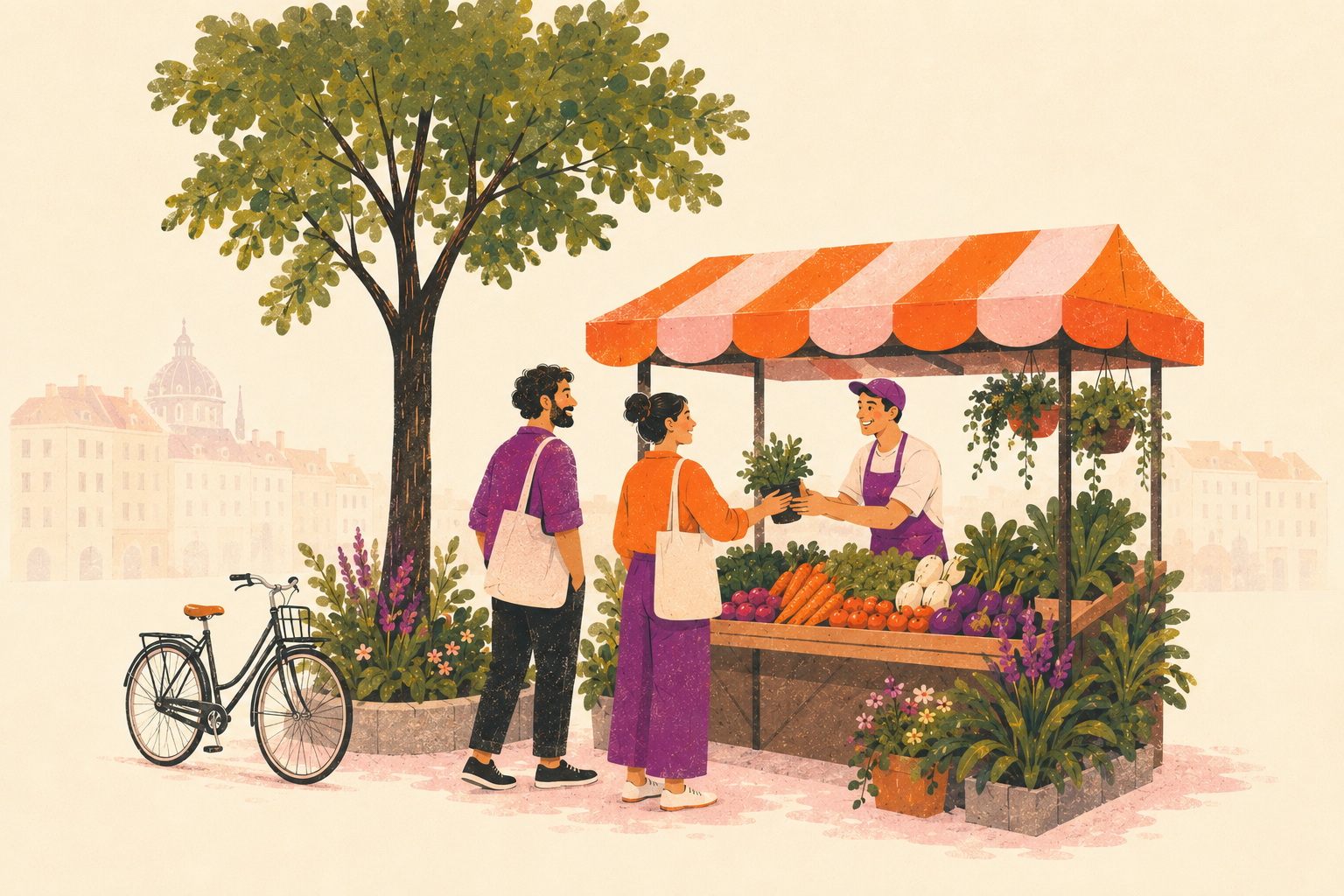 © NEOS/KI Menschen treffen sich an einem begrünten Wiener Marktstand mit Baum und Fahrrad.