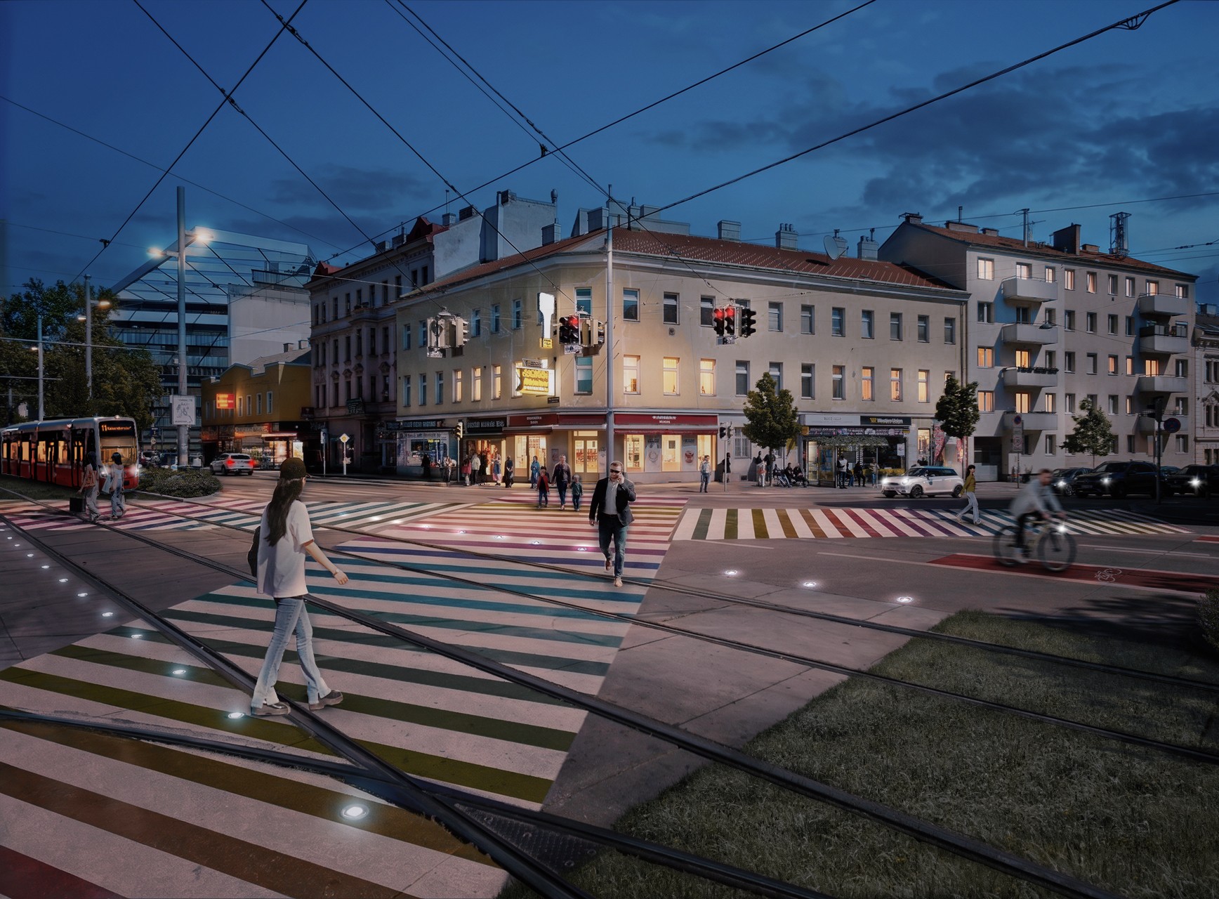Rendering NEOS Simmeringer Hauptstrasse Kreuzung bunt begrünt Nachtversion 1-1736x1280