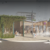 Rendering des geplanten Hannovermarkts 2030 mit begrünten Aufenthaltsbereichen, Marktständen und Wasserspiel in der Brigittenau.