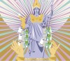 Eine stilisierte Pallas Athene, neben sich Geldscheine