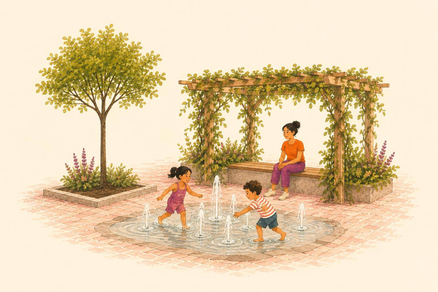 Zwei Kinder spielen am Wasserspiel zwischen Bäumen und Kletterpflanzen auf dem Hannovermarkt in Wien.