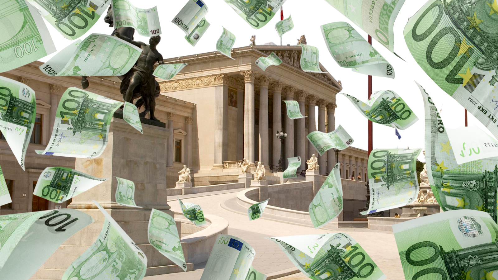 Vor dem österreichischen Parlament regnet es 100-Euro-Scheine