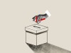 Hand die gerade ein Wahlzettel in eine Wahlurne reinlegt