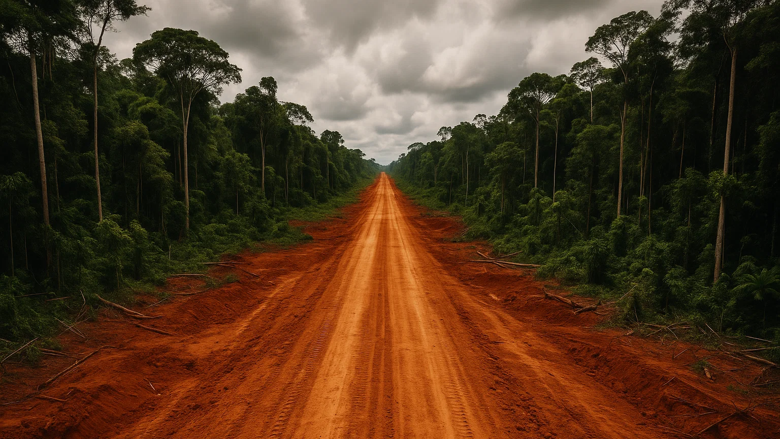 © KI-generiert Regenwald, in der Mitte eine breite gerodete Schneise für eine Straße