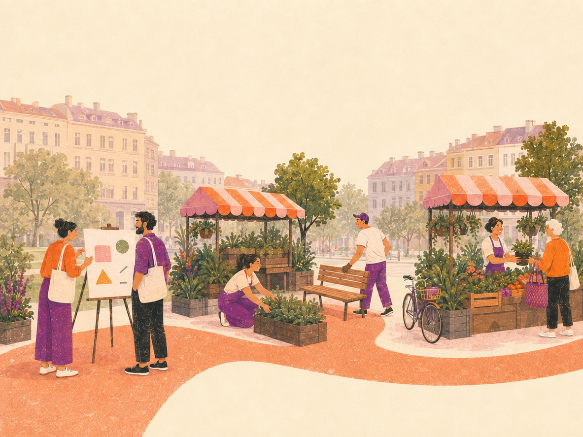 © NEOS/KI Begrünter Wiener Marktplatz mit mehreren Marktständen und Besucherinnen und Besuchern.
