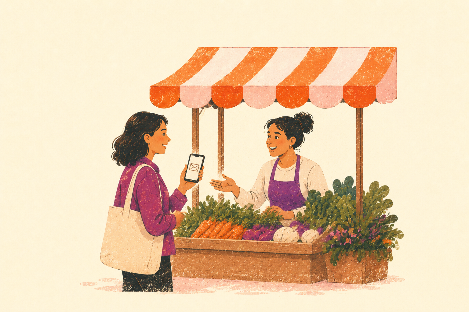 © NEOS/KI Eine Marktstandlerin zeigt einer Kundin den Wiener Märkte Club Newsletter am Smartphone.