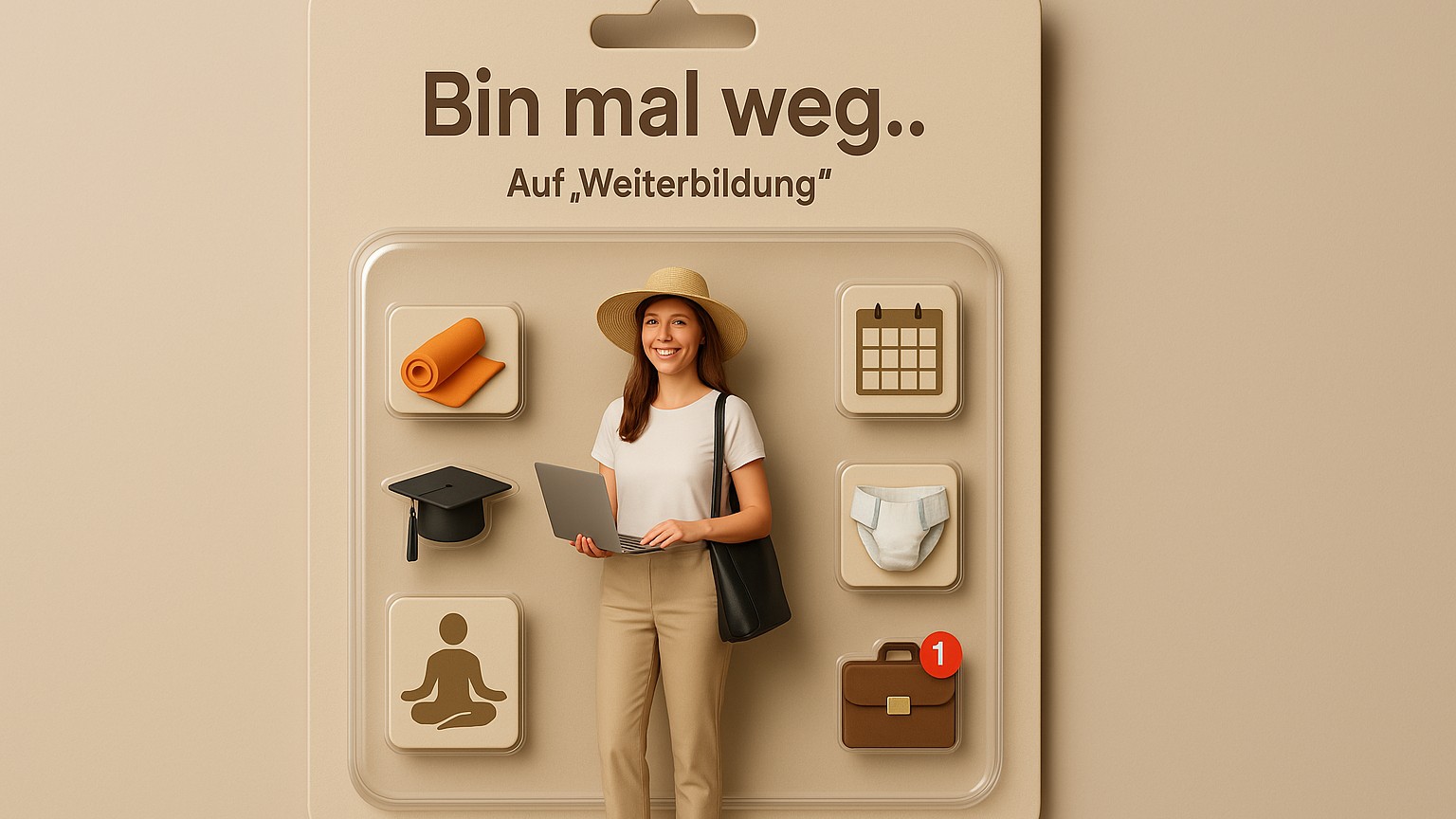 Bild einer Frau in Bildungskarenz in einer Blisterverpackung, die gerne auch etwas breiter sein kann damit alle Elemente drinnen Platz haben. Die Figur ist als Miniatur-Modell einer lächelnden studierenden Frau mit einem Strand Urlaubs Hut, die aber auch schon arbeitet dargestellt. In der Verpackung befinden sich Zubehörteile wie eine Yogamatte als Icon, Universität Hut, ein Mensch beim Meditieren im schneider-sitz als Icon, eines Stundenplans, eine Babywindel und eines Job-Icon Aktenkoffer mit einer roten Benachrichtigung Hubble wie auf LinkedIn . Das Verpackungsdesign ist minimalistisch und professionell, mit der Aufschrift ‚Bin mal weg..‘ und dem Text ‚Auf „Weiterbildung“‘. Beleuchtung wie bei einem Produktshooting, Hintergrund und Verpakungs-Farbe in neutralem Beige, leicht satirisch, hochwertiger 3D-Look.