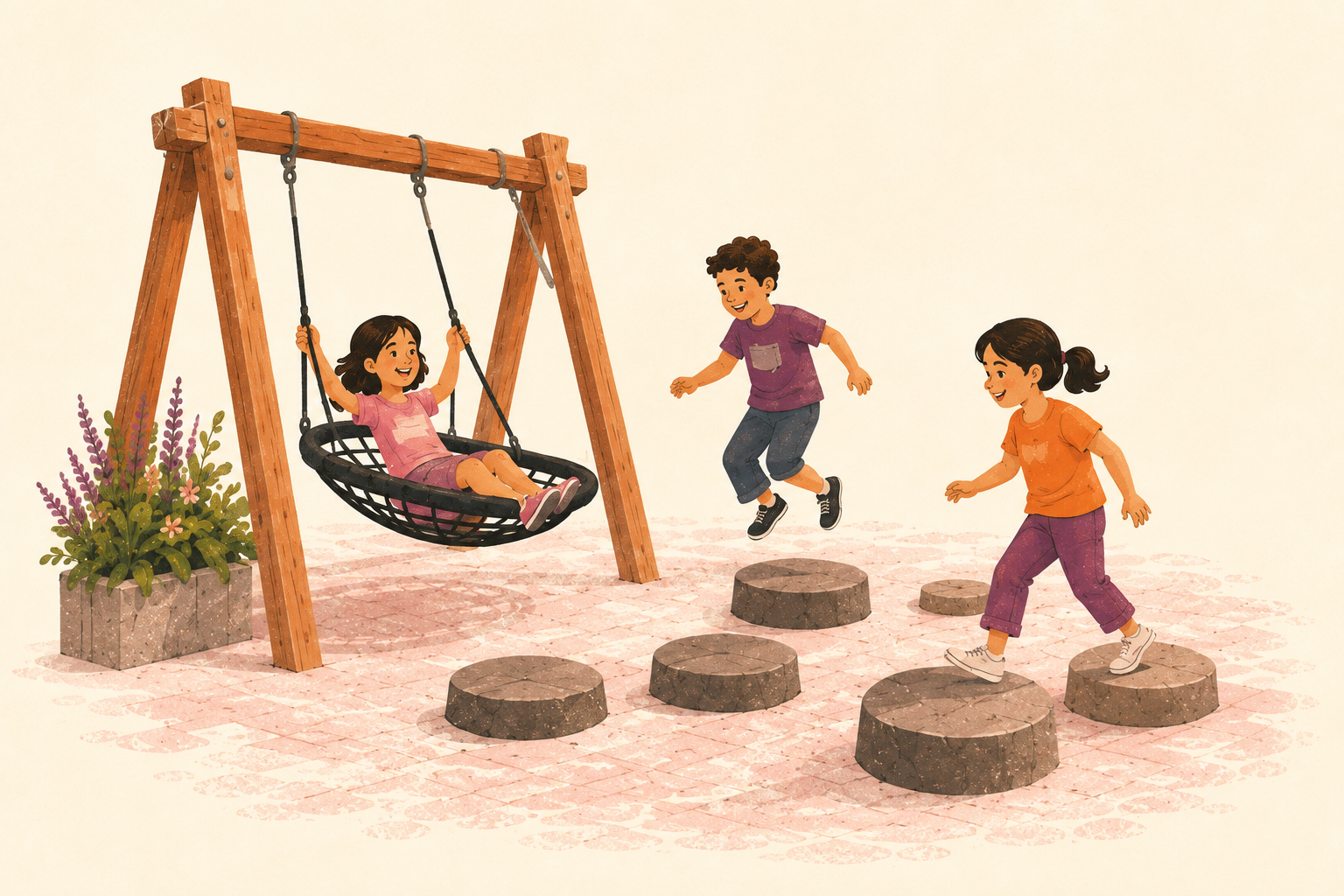 © NEOS/KI Drei Kinder spielen auf einer Nestschaukel und Balanciersteinen am Volkertmarkt.