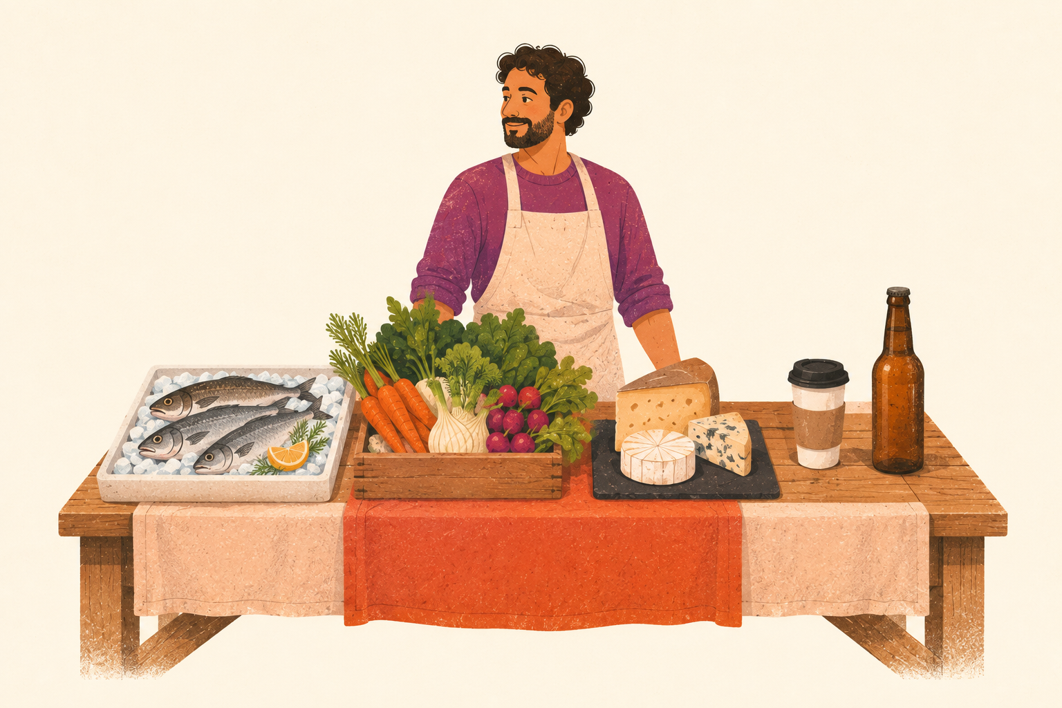 © NEOS/KI Marktstandler bietet frischen Fisch, Gemüse, Käse und Getränke am Alszeilenmarkt an.
