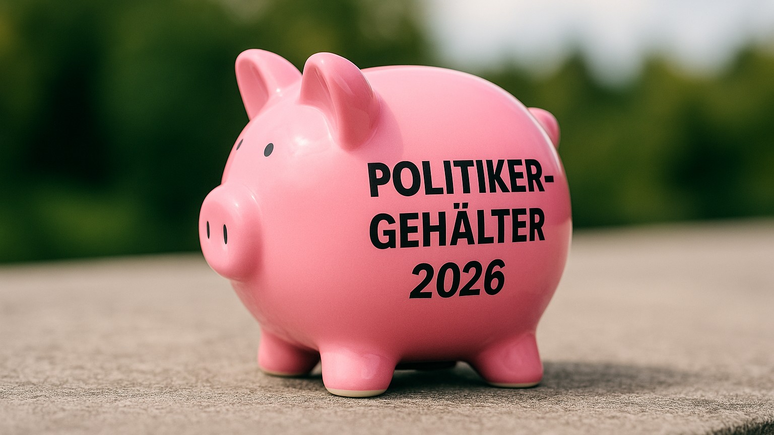 © Made with AI Ein pinkes Sparschwein mit der Aufschrift „Politiker-Gehälter 2026“