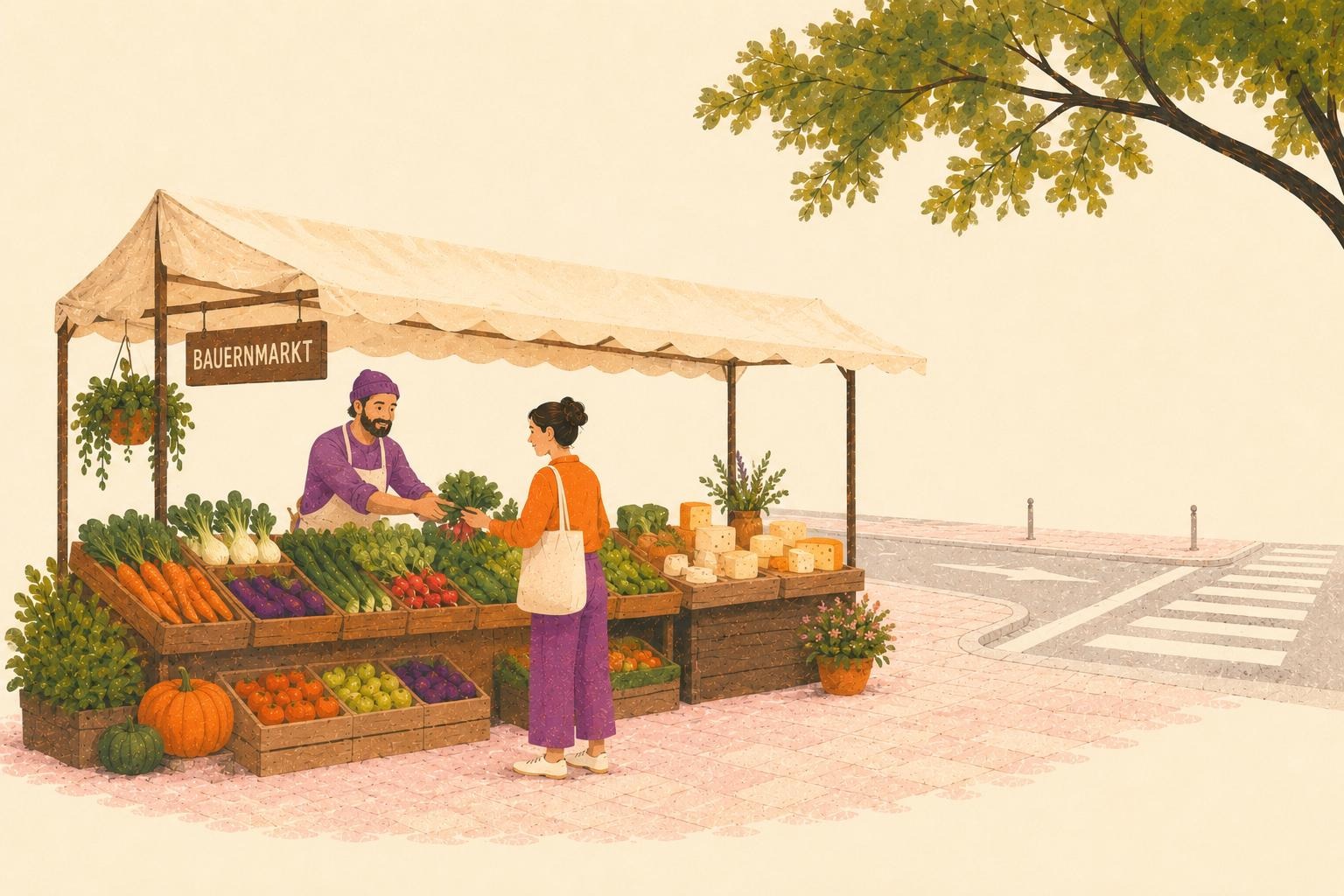 Erweiterter Bauernmarkt mit regionalem Obst und Gemüse am Kutschkermarkt in Wien.