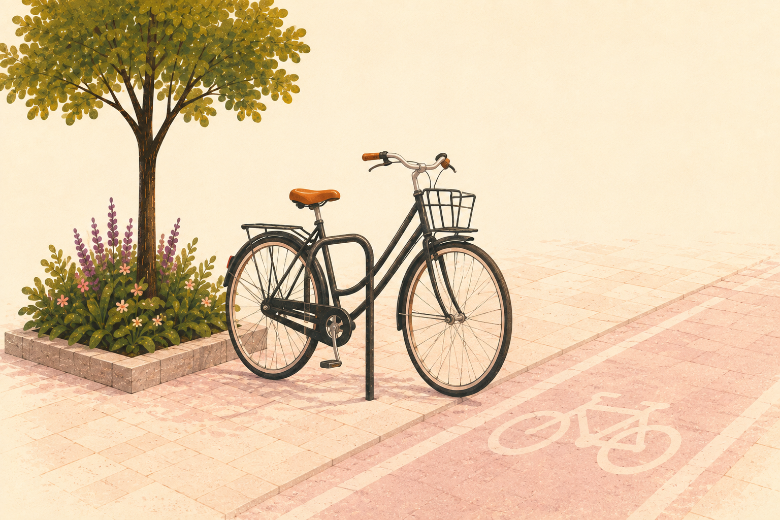 © NEOS/KI Fahrrad und markierter Radweg in der begrünten Schulgasse beim Kutschkermarkt.