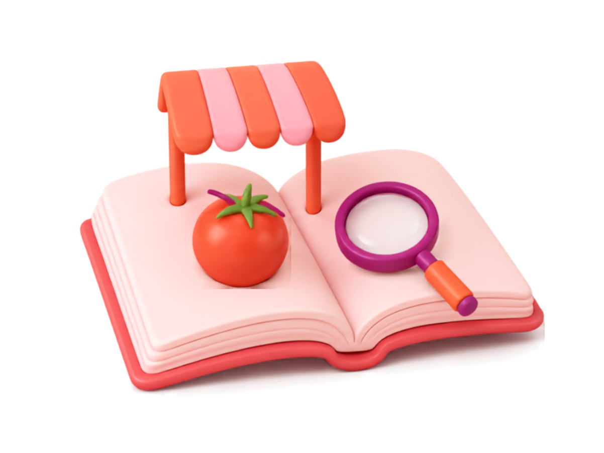 Aufgeschlagenes Buch mit Marktstand, Tomate und Lupe symbolisiert das Entdecken der Wiener Märkte.