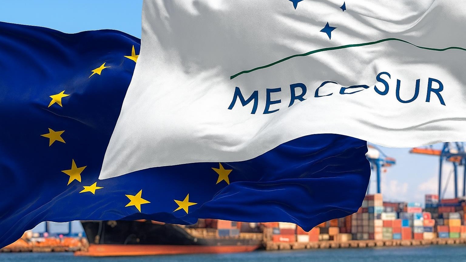 © KI-generiert Eine EU-Flagge und eine Mercosur-Flagge vor einem Containerschiff
