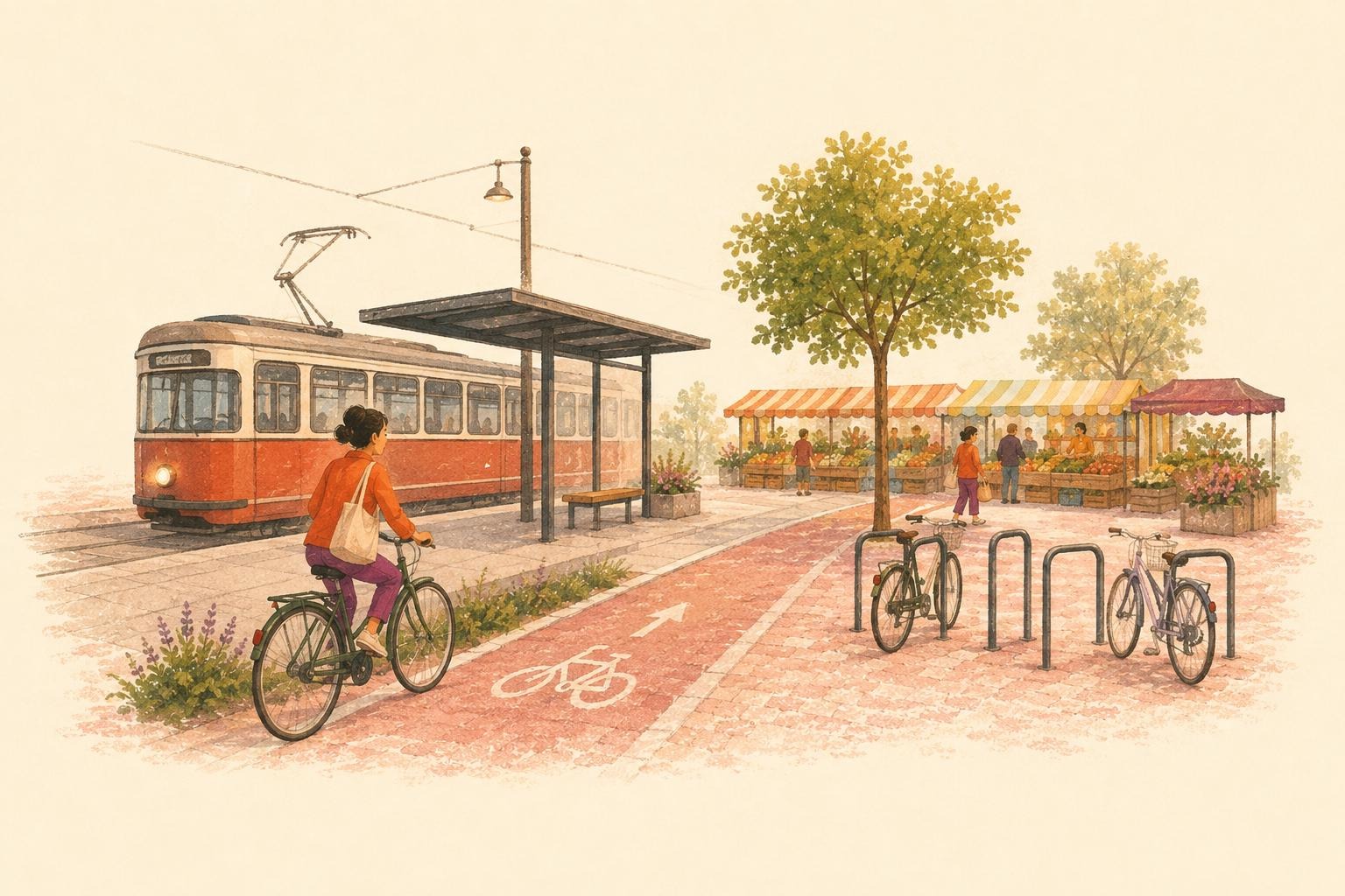 Straßenbahn, Radweg und Fahrradständer verbessern die Anbindung des Hannovermarkts in Wien.