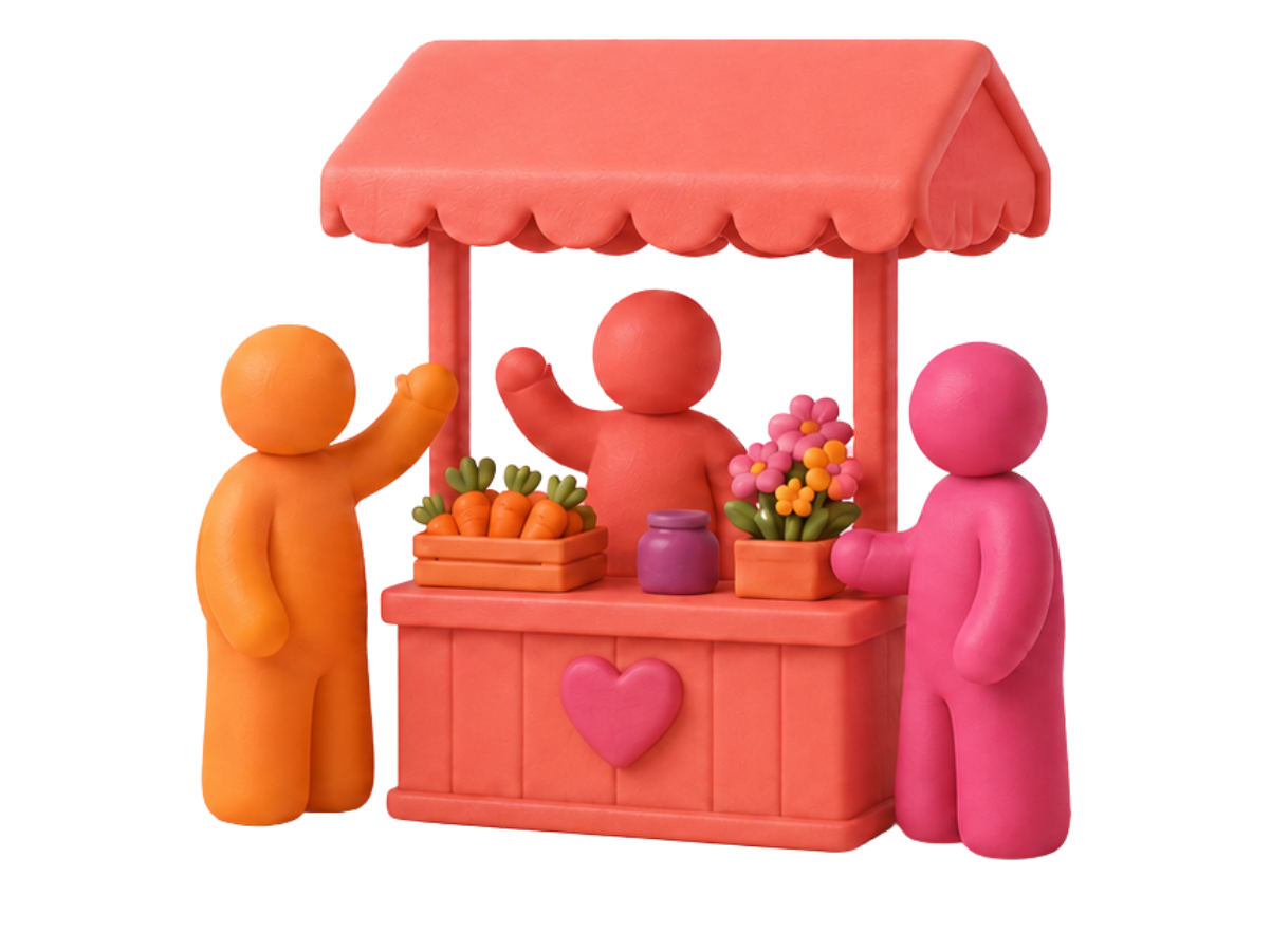 Drei bunte Figuren winken an einem Marktstand mit Gemüse und Blumen des Wiener Märkte Clubs.