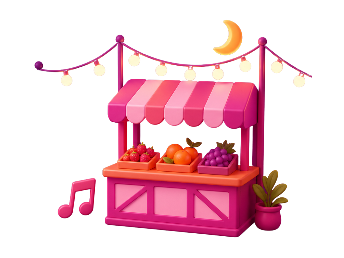 Beleuchteter Marktstand mit Obst, Musiknote und Mondsichel symbolisiert die Lange Nacht der Wiener Märkte.