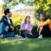 Beate Meinl-Reisinger, Christoph Wiederkehr und Andrea Klambauer sitzen gemeinsam auf einer Wiese und plaudern entspannt, während sie über politische Arbeit und Reformen sprechen.