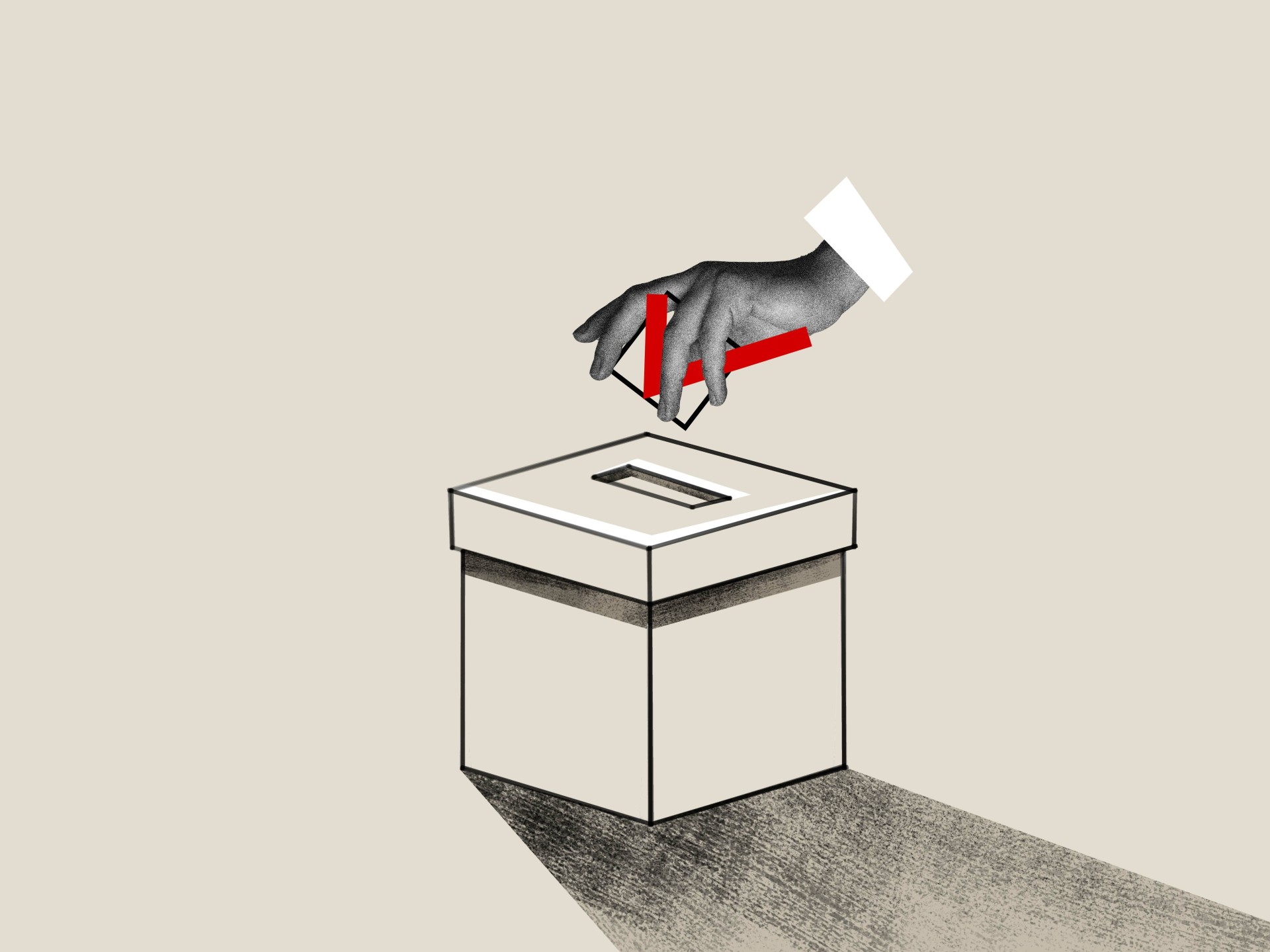 Hand die gerade ein Wahlzettel in eine Wahlurne reinlegt