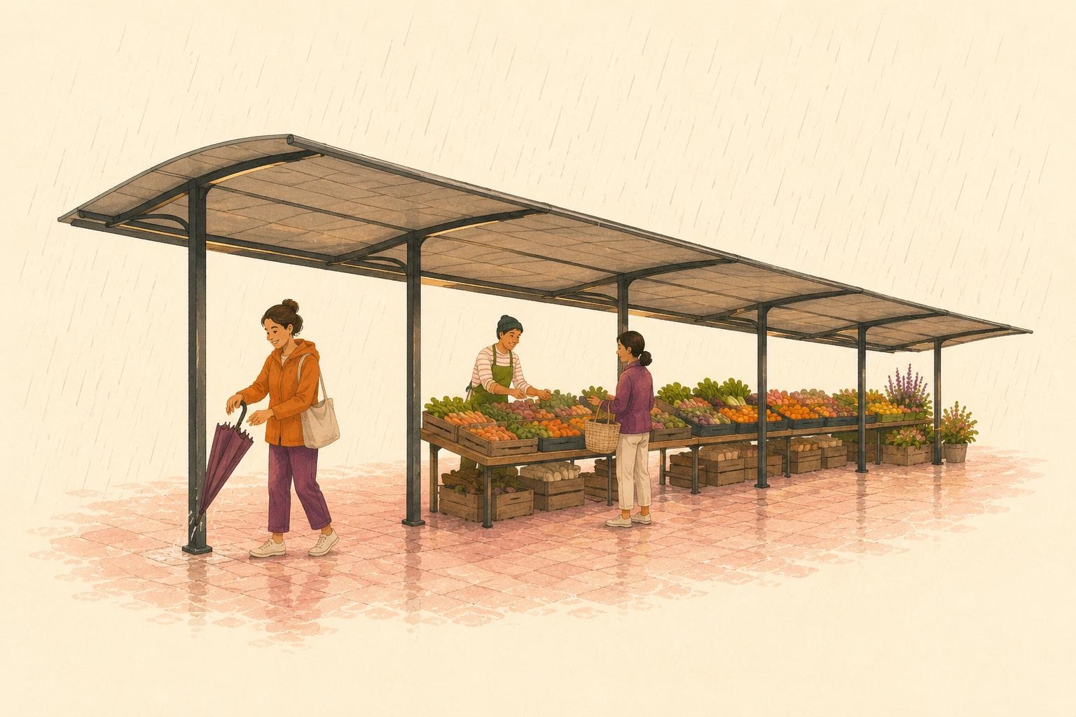Überdachte Marktstände schützen Kundschaft und Waren am Hannovermarkt vor dem Wetter.