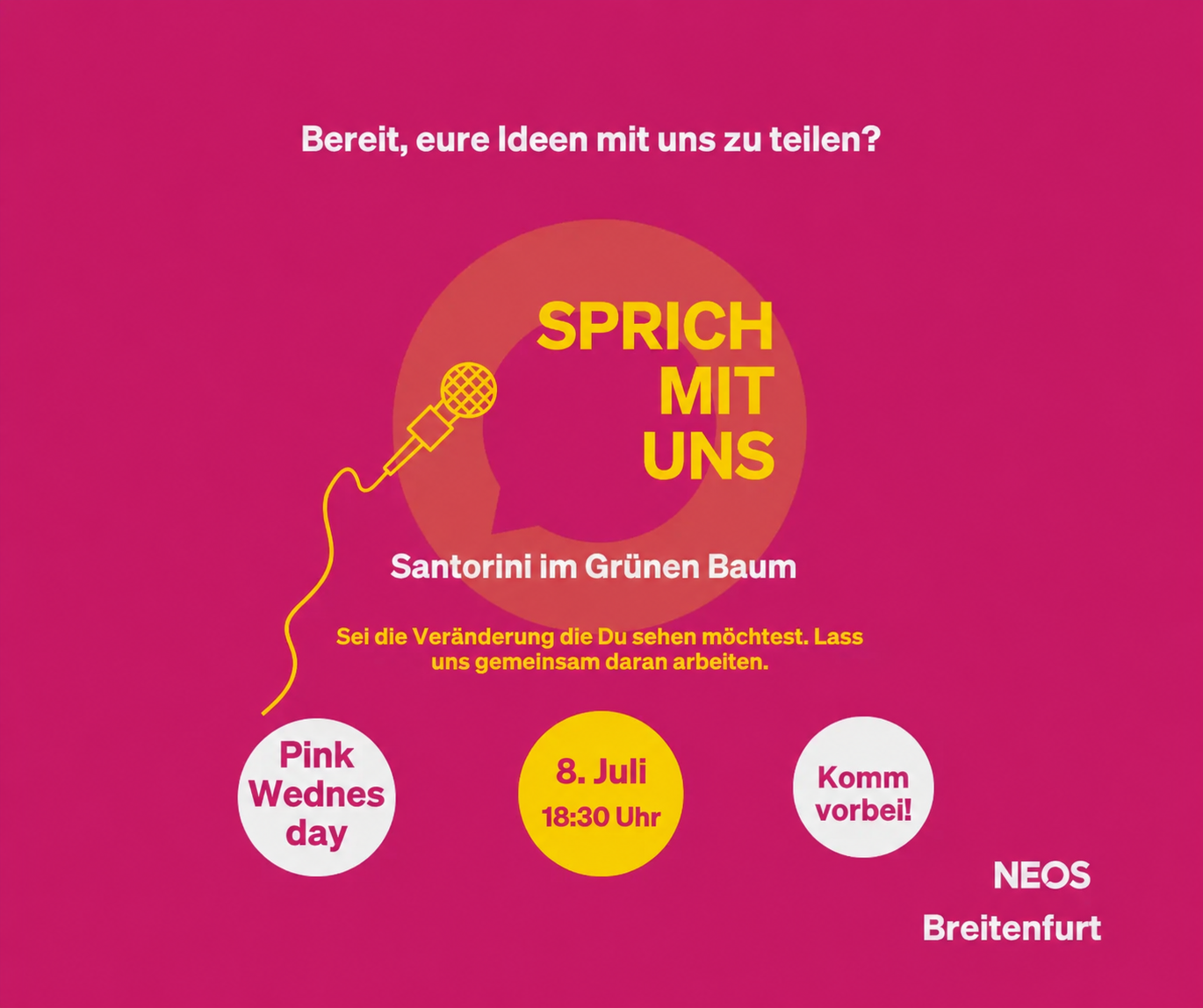 sprich mit uns; am 8.7.2026 um 18:30 im Santorini im Grünen Baum